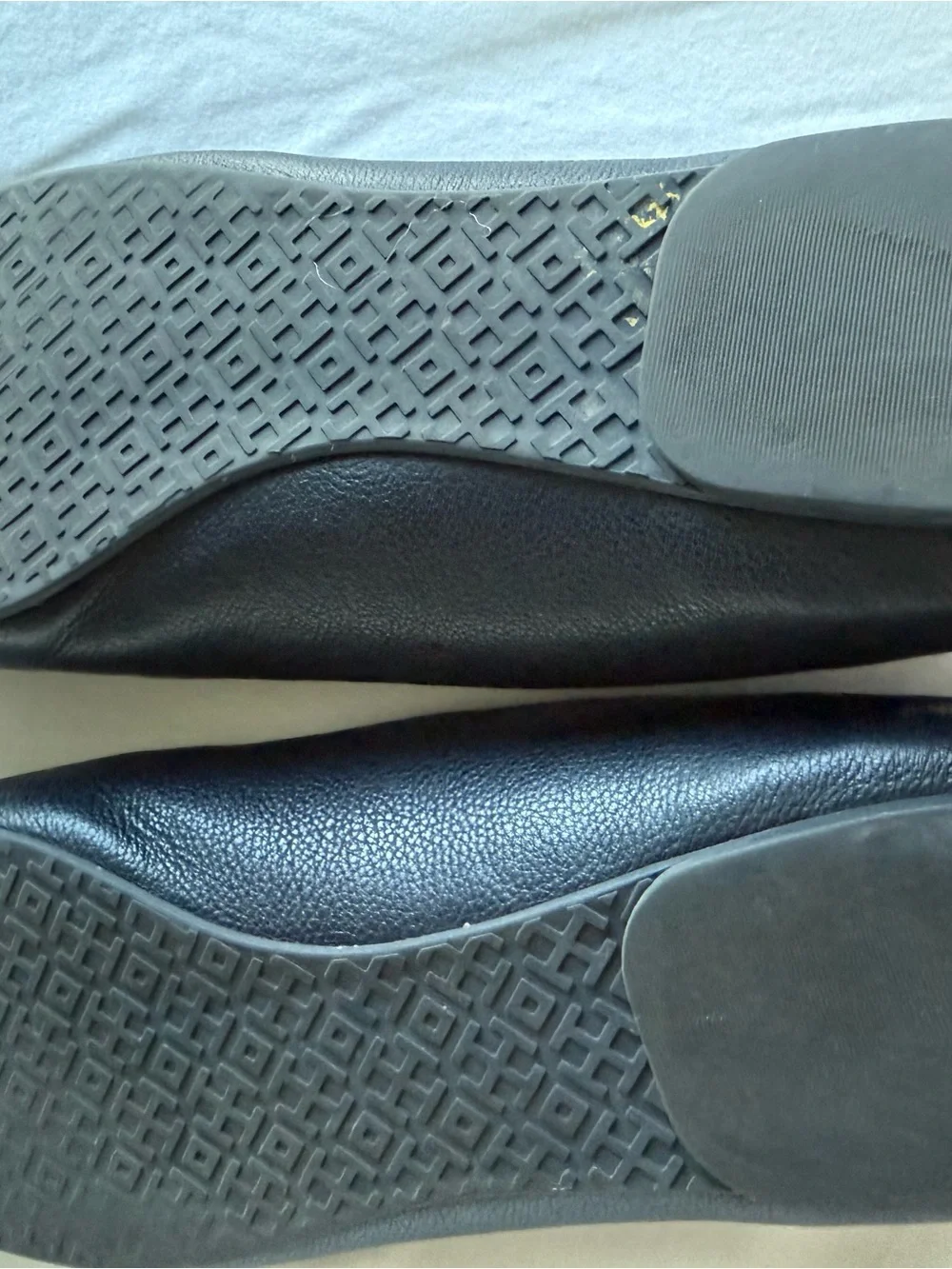 Tory Burch Navy Leather Logo Cutout Flats with Gold Studs